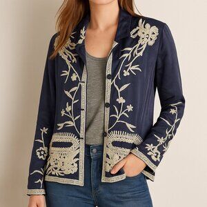 Johnny Was Navy Embroidered Kimono Jacket Size L Boho Chic Art to Wear